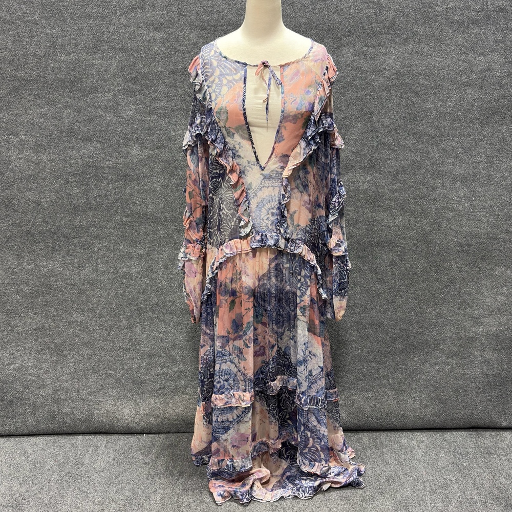 Misa Los Angeles Dress Womens XL Multicolor Patchwork Ruffle Maxi Boho Sheer